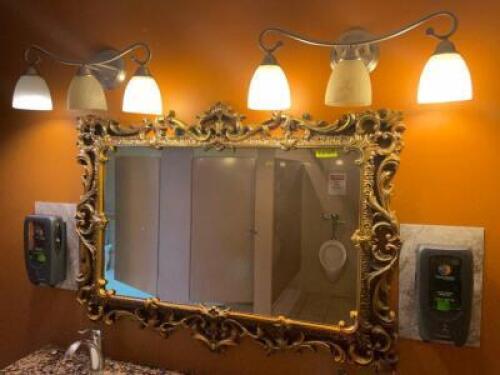 48" X 34" ORNATE FRAMED MIRROR W/ (2) THREE GROUP VANITY LIGHTS.
