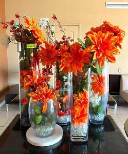 ASSORTED GLASS VASES W/ FAUX FLOWER DECOR