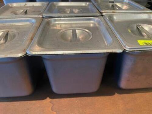 (6) 1/6 SIZE STAINLESS INSERTS W/ LIDS