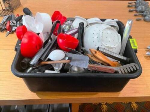 BUS TUB AND CONTENTS - ASSORTED UTENSILS AND SMALL WARES.