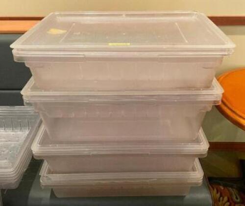 (4) LARGE PLASTIC SALAD CONTAINERS W/ DRAIN INSERTS AND LIDS