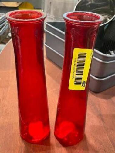 (2) RED GLASS FLORAL VASES.