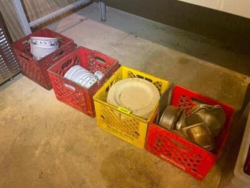 (4) MILK CRATES OF ASSORTED PLATES AND SMALL WARES