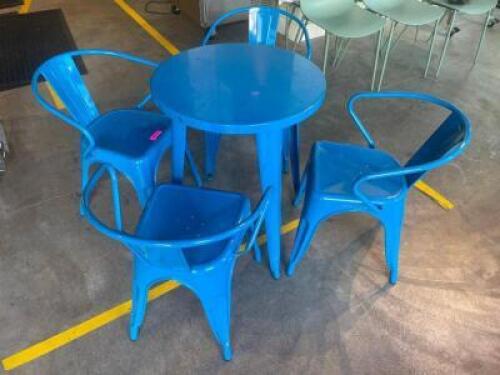 24" METAL PATIO TABLE W/ (4) METAL STACKABLE PATIO CHAIRS