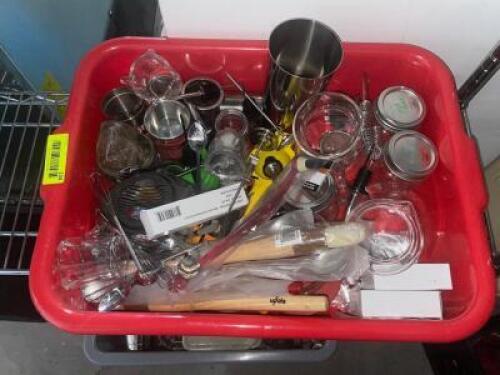 BUS TUB AND CONTENTS - ASSORTED UTENSILS AND SMALL WARES