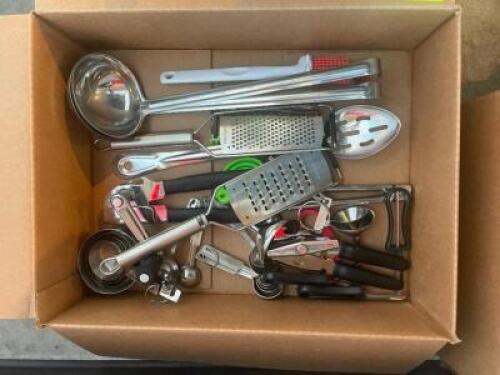 BUS TUB AND CONTENTS - ASSORTED UTENSILS AND SMALL WARES