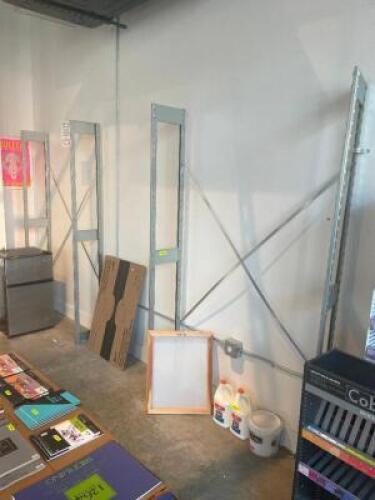 (3) SECTIONS OF 36" METAL SHELVING W/ WOODEN INSERT SHELVES. COMES WITH APPROX 26 WOODEN SHELVING INSERTS