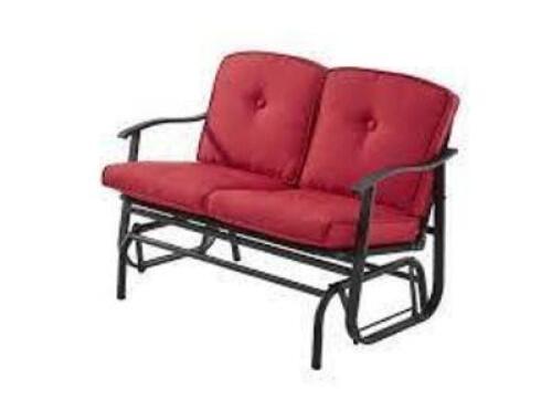 DESCRIPTION: (1) BELDEN PARK OUTDOOR LOVESEAT GLIDER CHAIR BRAND/MODEL: MAINSTAYS ALBANY LANE INFORMATION: RED RETAIL$: $175.00 EA SIZE: 2 PERSON QTY: