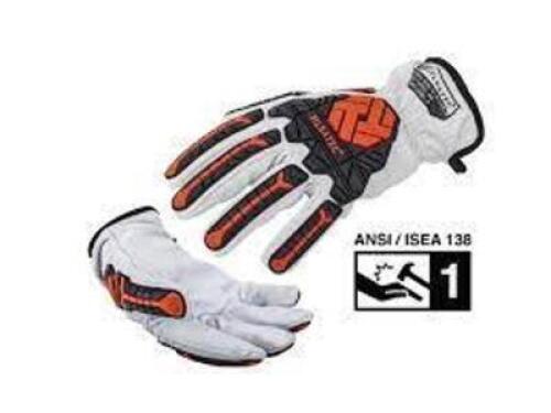 DESCRIPTION: (4) PAIRS OF LEATHER WORK GLOVES WITH KNUCKLE GUARD BRAND/MODEL: TILSATEC #TTP230KG INFORMATION: GREY AND ORANGE RETAIL$: $25.00 PER PAIR
