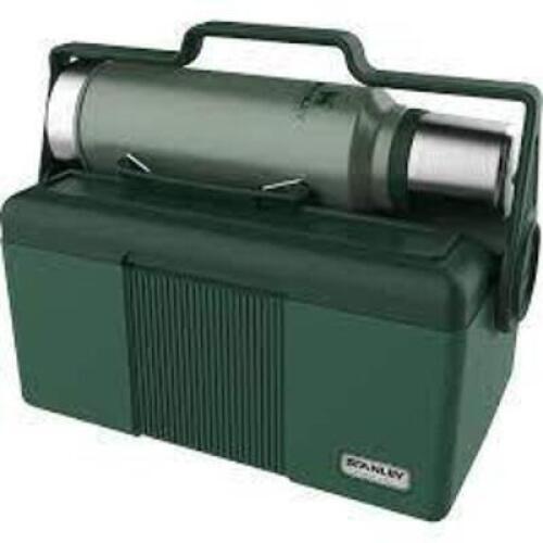 DESCRIPTION: (1) HERITAGE COOLER AND BOTTLE SET BRAND/MODEL: STANLEY ADVENTURE INFORMATION: GREEN RETAIL$: $75.00 EA SIZE: COOLER - 7 QT, BOTTLE 1.5 Q