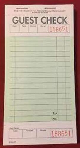 DESCRIPTION: (2) CASE OF GUEST CHECKS INFORMATION: RESTAURANT DISCOUNT SIZE: 3.5X6.75 QTY: 2