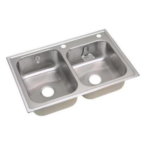 STAINLESS STEEL 33" X 22" X 8-1/4", 2-HOLE DOUBLE BOWL DROP-IN SINK