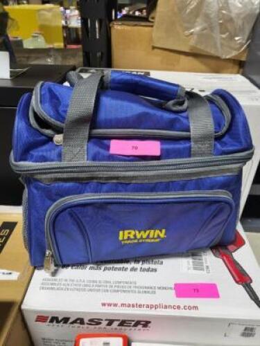 DESCRIPTION: (1) TOOL STORAGE BAG WITH TOOLS INCLUDEDBRAND/MODEL: IRWIN TRADEINFORMATION:&nbsp;INCLUDES CHALK LINE, BOTTLE OPENER, (4) CLAMPS, TOWEL, PENCILRETAIL$: $154.99 TOTALSIZE: ZIPPER CLOSUREQTY: 1