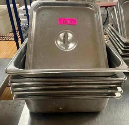 (6) HALF SIZE STAINLESS INSERTS W/ LIDS