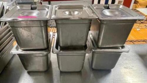(6) 1/6TH SIZE STAINLESS INSERTS W/ LIDS