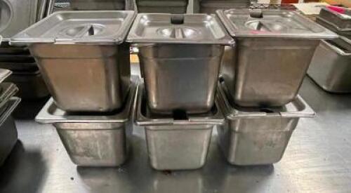 (6) 1/6TH SIZE STAINLESS INSERTS W/ LIDS