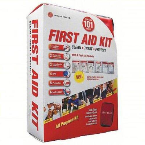 DESCRIPTION: (3) FIRST AID KIT BRAND/MODEL: GENUINE FIRST AID #34WK77 INFORMATION: RED RETAIL$: $13.88 EA SIZE: 101 COMPONENTS QTY: 3