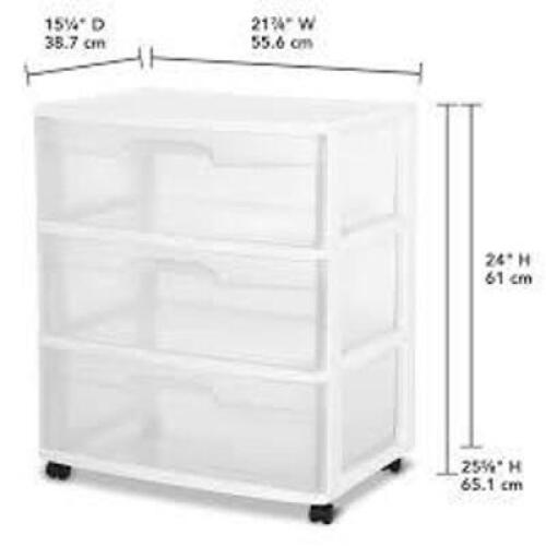 DESCRIPTION: (1) 3 DRAWER CART BRAND/MODEL: STERILITE #2930LAB8 INFORMATION: WHITE RETAIL$: $21.98 EA SIZE: 15X21X25 QTY: 1