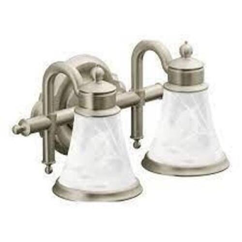 DESCRIPTION: (1) TWO GLOBE LIGHT FIXTURE BRAND/MODEL: MOEN #YB9862BN INFORMATION: BRUSHED NICKEL RETAIL$: $247.72 EA QTY: 1