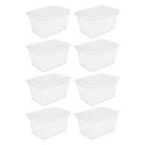 DESCRIPTION: (8) STORAGE BOXES BRAND/MODEL: STERILITE #1847 INFORMATION: CLEAR RETAIL$: $10.00 EA SIZE: 58 QT QTY: 8