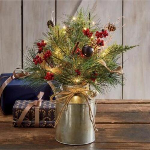 Country Christmas Lit Arrangement in Milk Can