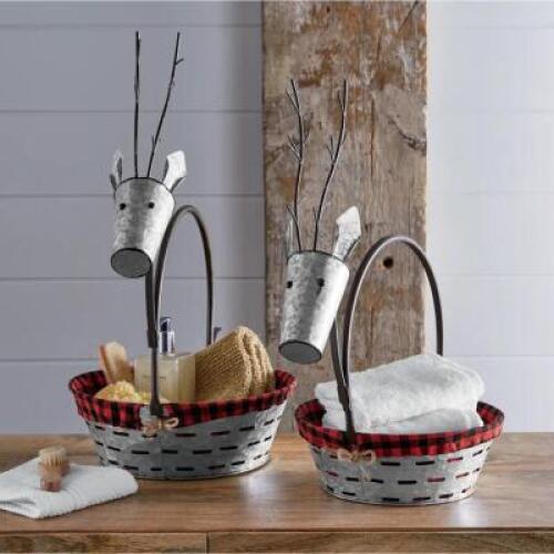 Set of 2 Reindeer Baskets with Buffalo Check Liners