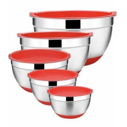 10-Piece Steel Bowl Set with Silicone Base - RED