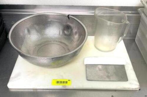 COLANDER, CUTTING BOARD, MEASURING CUP AND SCRAPER
