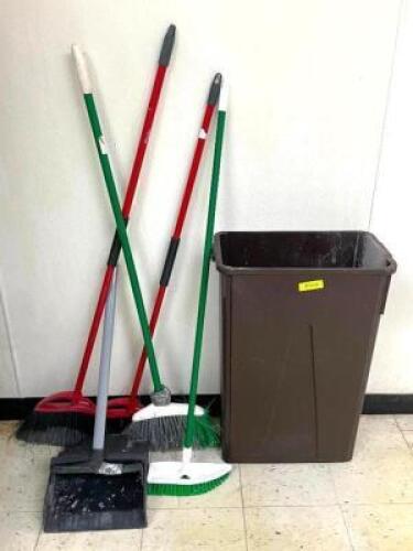 ASSORTED BROOMS AND DUSTPAN WITH TRASHCAN