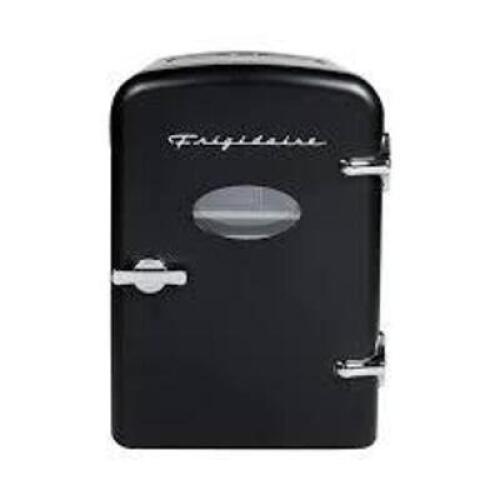 DESCRIPTION: (1) PORTABLE RETRO MINI FRIDGE BRAND/MODEL: FRIGIDAIRE INFORMATION: BLACK RETAIL$: $60.00 EA SIZE: 6 CAN CAP QTY: 1