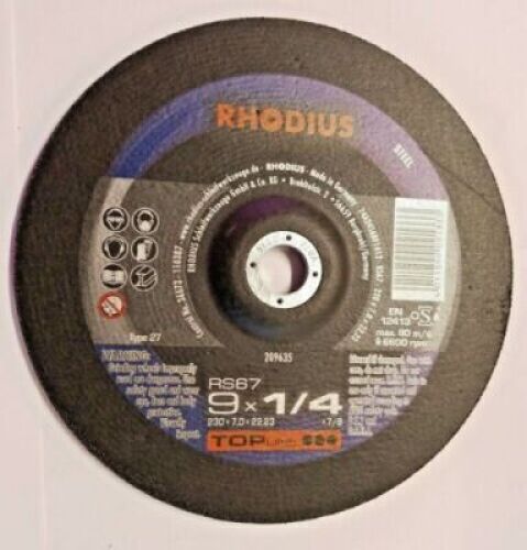DESCRIPTION: (10) GRINDING DISC BRAND/MODEL: RHODIUS/RS57 INFORMATION: TYPE 27/FOR STEEL RETAIL$: 12.98 EACH SIZE: 9" X 1/4" QTY: 10