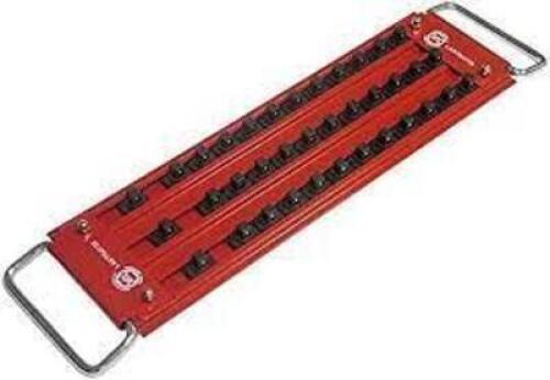 DESCRIPTION: (2) LOCK AND SOCKET TRAY BRAND/MODEL: MECHANICS TIME SAVER INFORMATION: RED RETAIL$: $43.98 EA SIZE: 1/2" DRIVE SOCKETS, 3 ROW QTY: 2