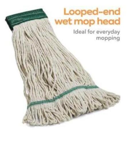 DESCRIPTION: (6) LOOPED END WET MOP HEAD BRAND/MODEL: MICRONOVA INFORMATION: WHITE WITH GREEN RETAIL$: $10.79 EA QTY: 6