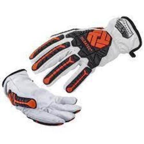 DESCRIPTION: (5) PAIRS OF LEATHER WORK GLOVES WITH KNUCKLE GUARD BRAND/MODEL: TILSATEC #TTP230KG INFORMATION: GREY AND ORANGE RETAIL$: $25.00 PER PAIR