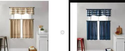 DESCRIPTION: (2) POCKET KITCHEN CURTAIN TIER AND VALANCE SET BRAND/MODEL: BETTER HOMES AND GARDENS INFORMATION: ONE IS TAN ONE IS BLUE RETAIL$: $16.88