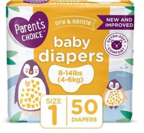 DESCRIPTION: (2) PACKS OF (50) DIAPERS BRAND/MODEL: PARENTS CHOICE RETAIL$: $5.00 EA SIZE: SIZE 1 QTY: 2
