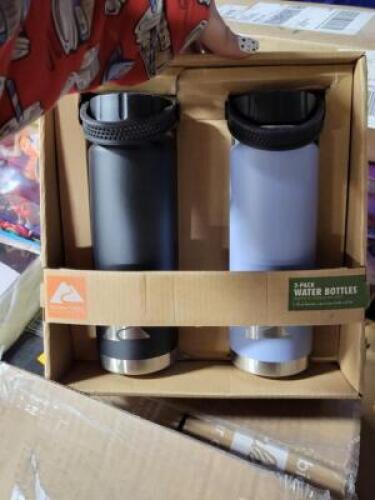 DESCRIPTION: (1) PACK OF (2) DOUBLE WALL VACUUM WATER BOTTLE BRAND/MODEL: OZARK TRAIL INFORMATION: ONE BLACK AND ONE BLUE RETAIL$: $10.00 EA SIZE: 24