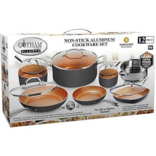DESCRIPTION: (1) 12-PIECE COOKWARE SET BRAND/MODEL: GOTHAM STEEL INFORMATION: ULTRA NON STICK, COOL TOUCH HANDLES RETAIL$: $89.99 QTY: 1
