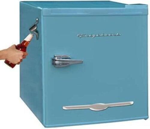 DESCRIPTION: (1) RETRO FRIDGE BRAND/MODEL: FRIGIDAIRE/EFR176-C-BLUE INFORMATION: SIDE BOTTLE OPENER, RETAIL$: $106.08 SIZE: 1.6 CUFT QTY: 1