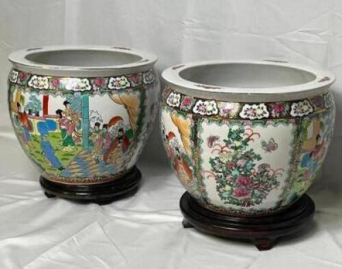 (2) - VINTAGE CLOISONNE PORCELAIN PLANTERS WITH INTERIOR PAINTINGS