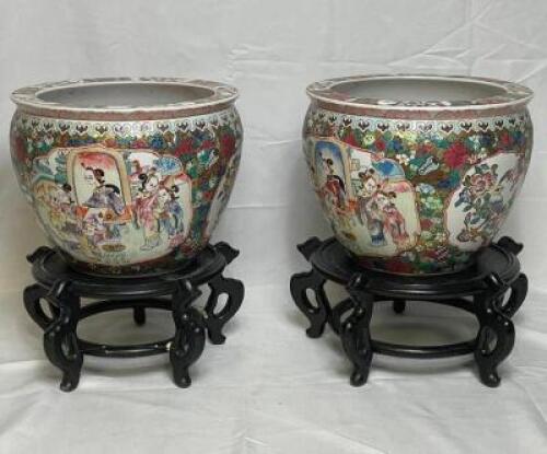 (2) - VINTAGE CLOISONNE PORCELAIN PLANTERS WITH INTERIOR PAINTINGS