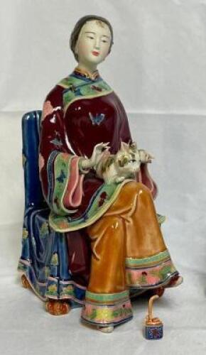 CLOISONNE PORCELAIN FIGURINE - "NOBLEWOMAN WITH CAT"