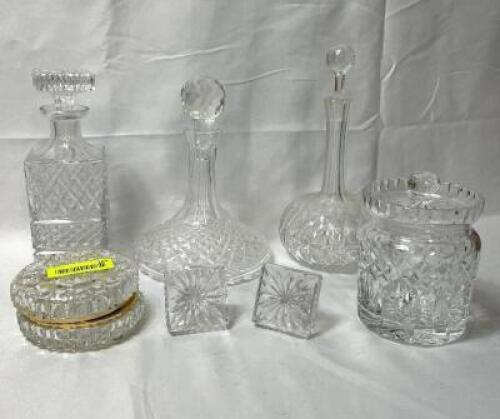 (5) - PC. CRYSTAL DECANTER SET WITH EXTRA TOPS