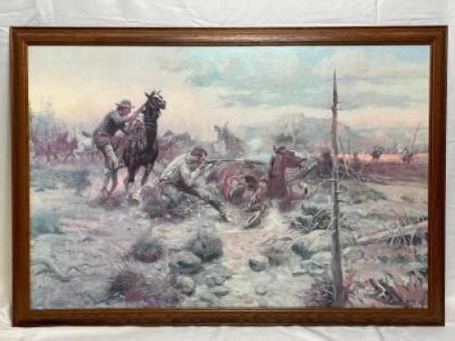 C.M. RUSSEL "WHEN HORSEFLESH COMES HIGH" FRAMED OIL ON CANVAS - REPRODUCTION