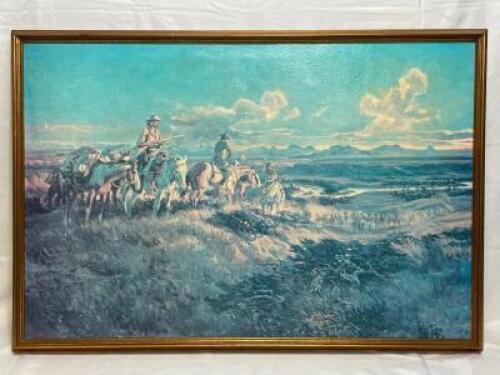 C.M. RUSSEL "WHEN GUNS WERE THEIR PASSPORTS" FRAMED OIL ON CANVAS - REPRODUCTION