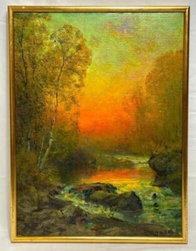 FRANKLIN DEHAVEN "AUTUMN STREAM LANDSCAPE" FRAMED OIL ON CANVAS