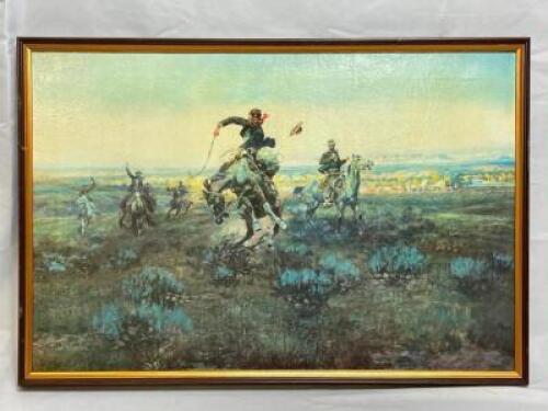 C.M. RUSSEL "A BAD ONE" FRAMED OIL ON CANVAS - REPRODUCTION