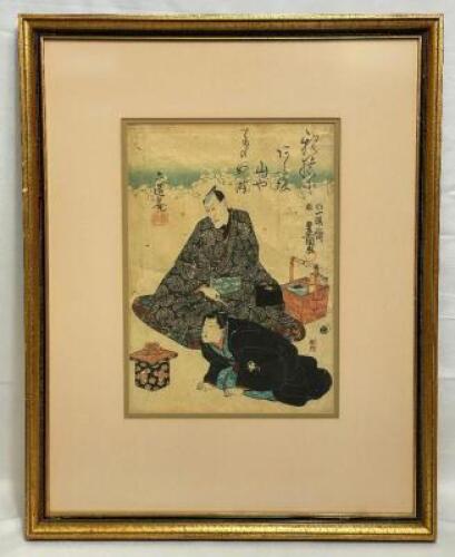 UTAGAWA KUNISADA I (TOYOKUNI III) (1825) "THE ACTORS, ICHIKAWA EBIZO V AND ICHIKAWA SARUZO I" WOODBLOCK PRINT - FRAMED