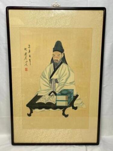 FRAMED HANGING SCROLL "PORTRAIT OF YI JAE" INK ON SILK - PLATED