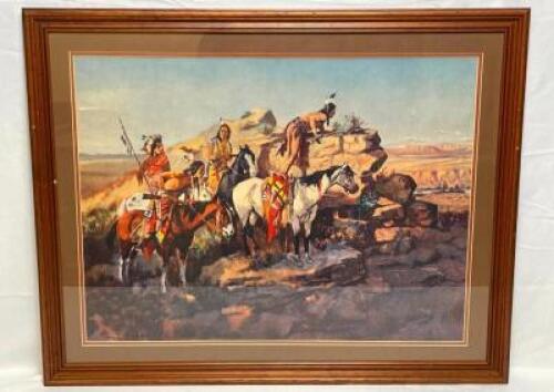 C.M. RUSSEL "WATCHING THE SETTLERS" FRAMED PRINT
